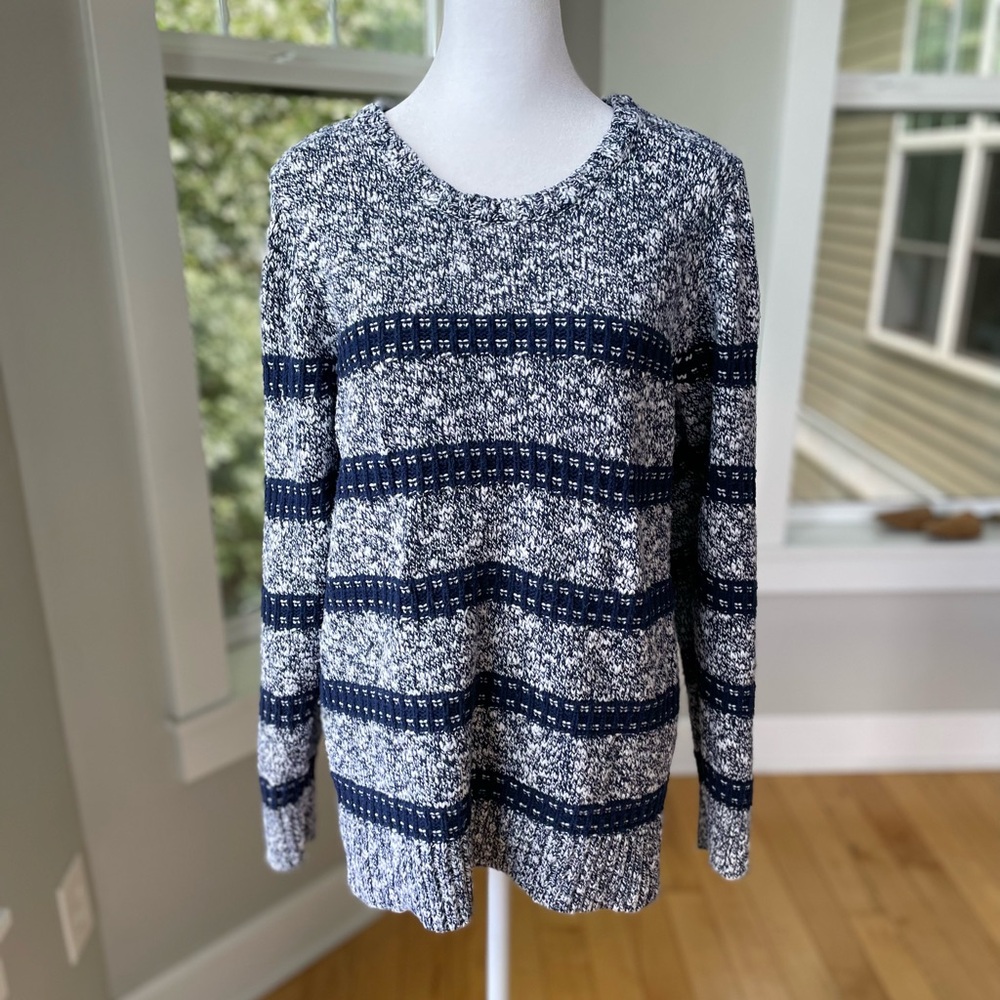 L.L. Bean Navy Blue White Striped Cotton Crewneck Sweater Size Large